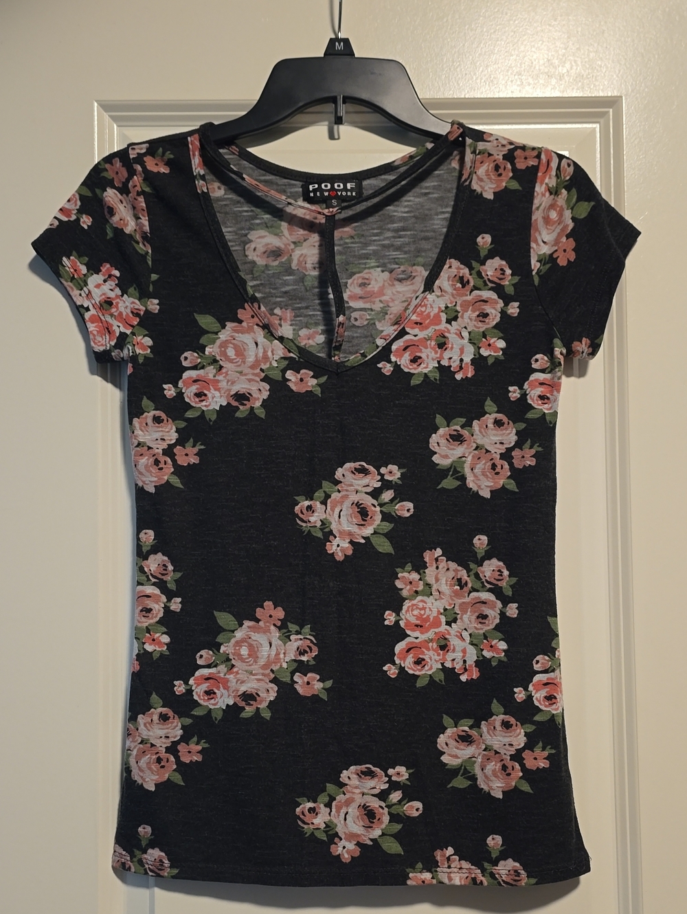 Poof! Black V-Neck Short Sleeve Top with Pink Floral Print
